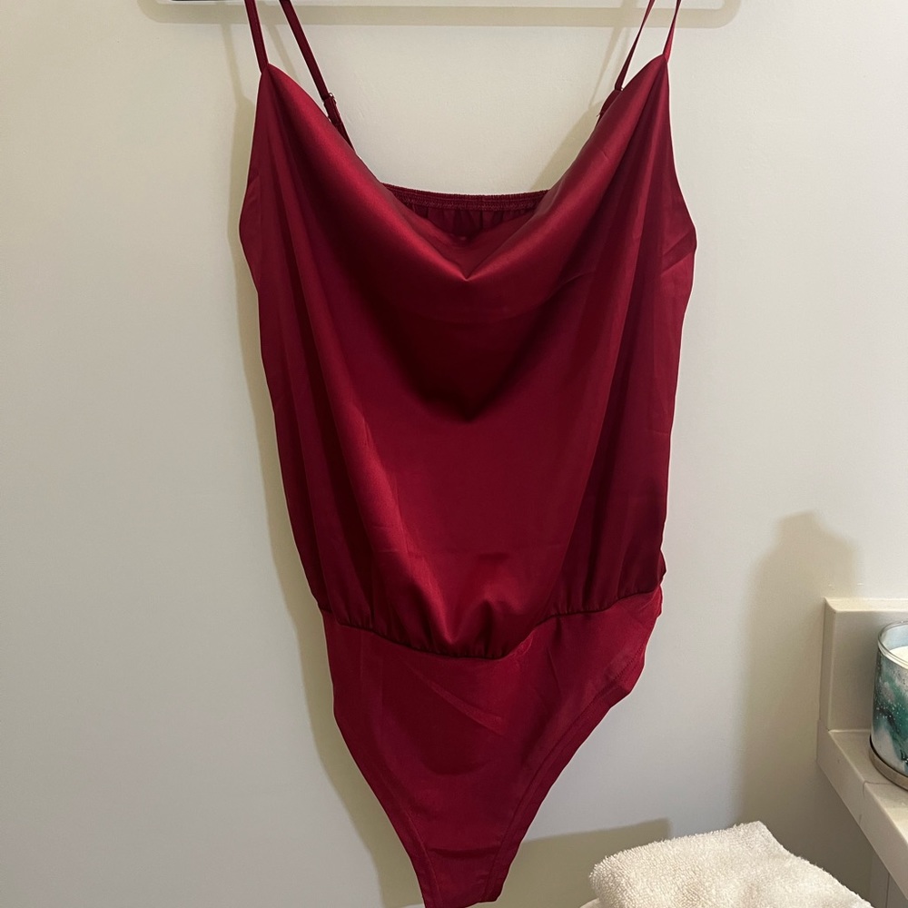 shein red cowl neck bodysuit